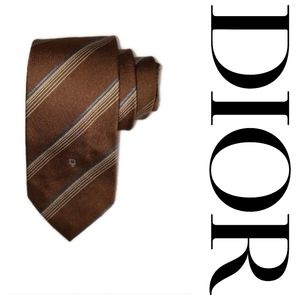 Christian Dior Mens silk 100% tie. Brown with contrasting white & blue stripes